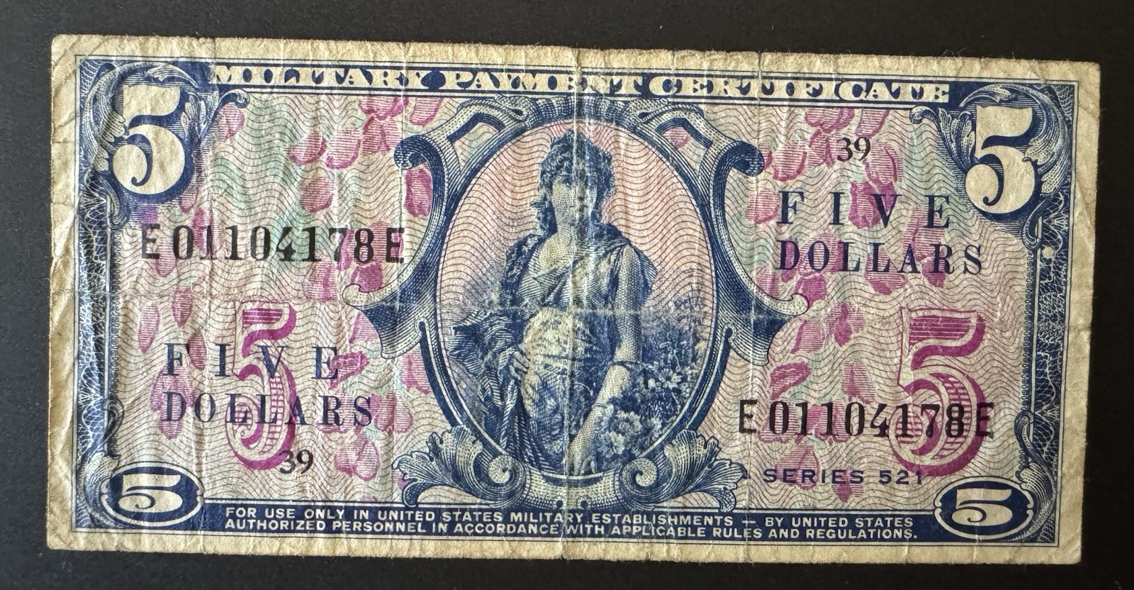 Vintage US $5 Military Payment Certificate (MPC) Series 521 First Printing