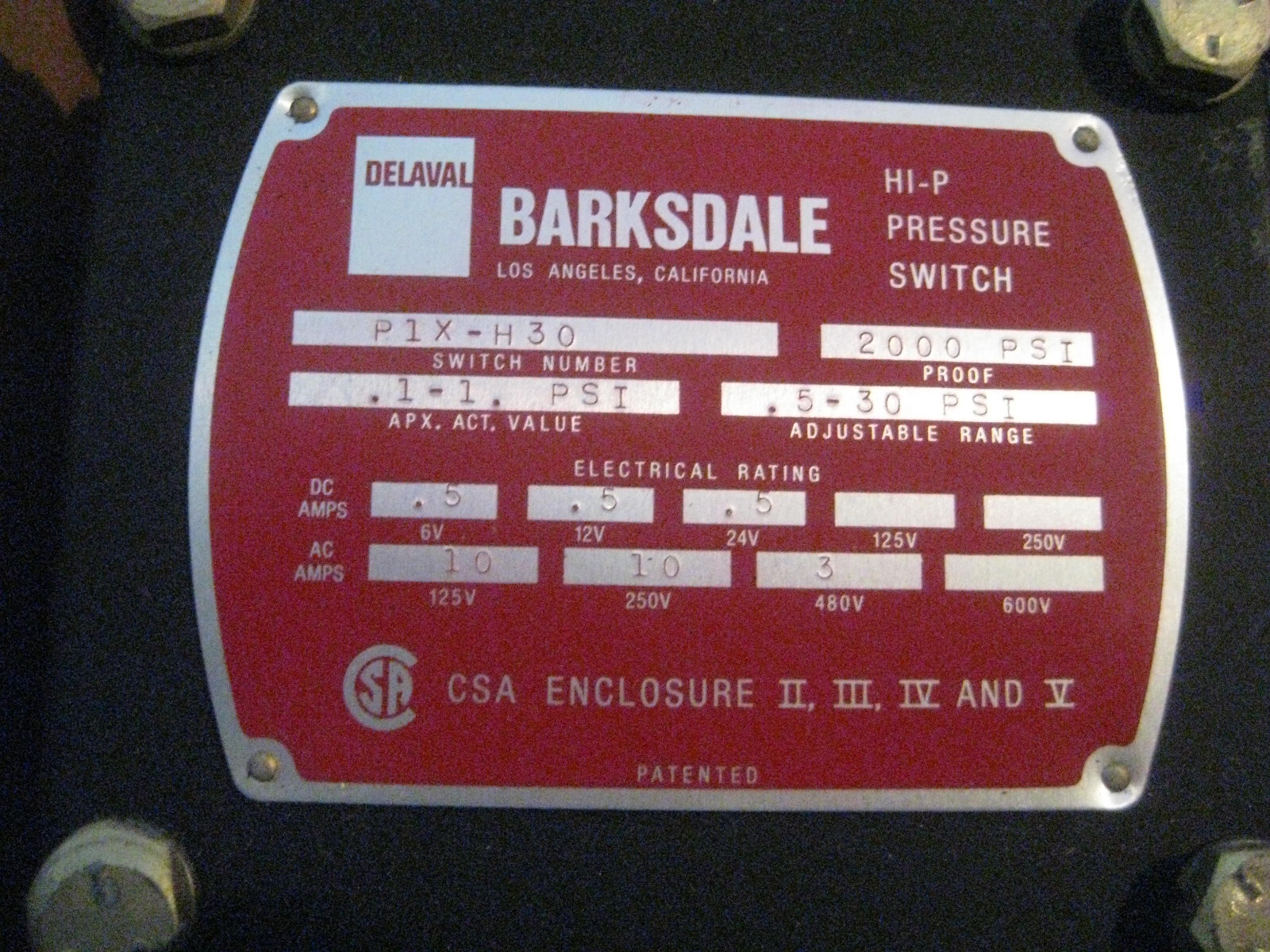 Barksdale HI-P Pressure Switch P1X-H30 NEW