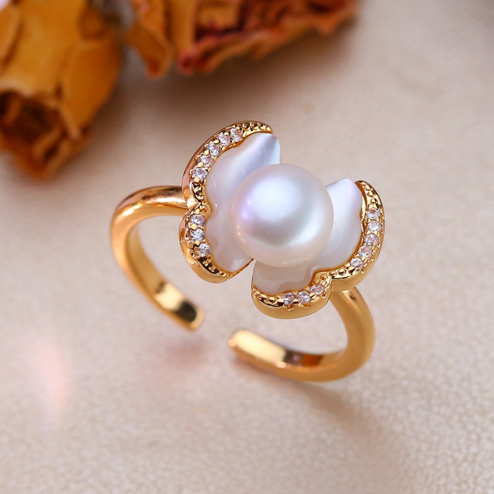Women Cubic Zirconia Flower Leaf Irregular Baroque Natural Freshwater Pearl Ring
