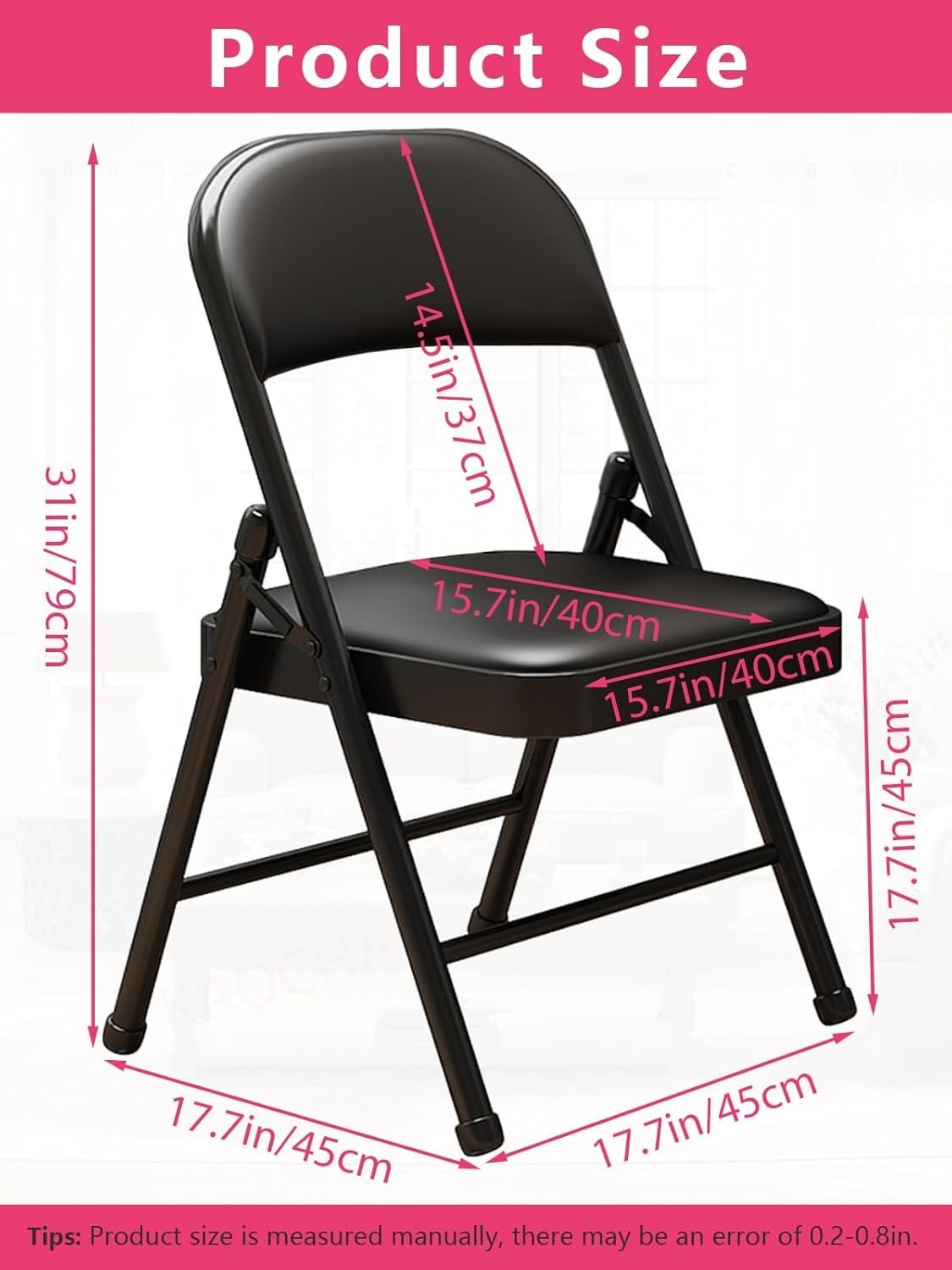 Conjunto de 1 silla plegable con cojín, estructura de acero negro silla plegable