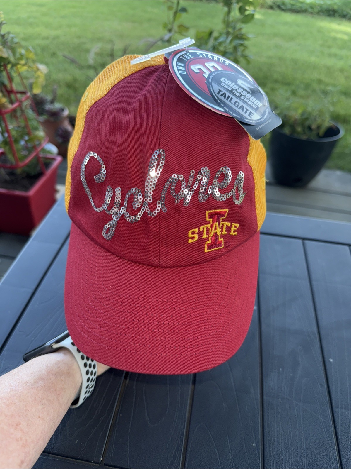 Iowa State Cyclones silver sequins script on Red Trucker Hat Cap w Yellow Mesh