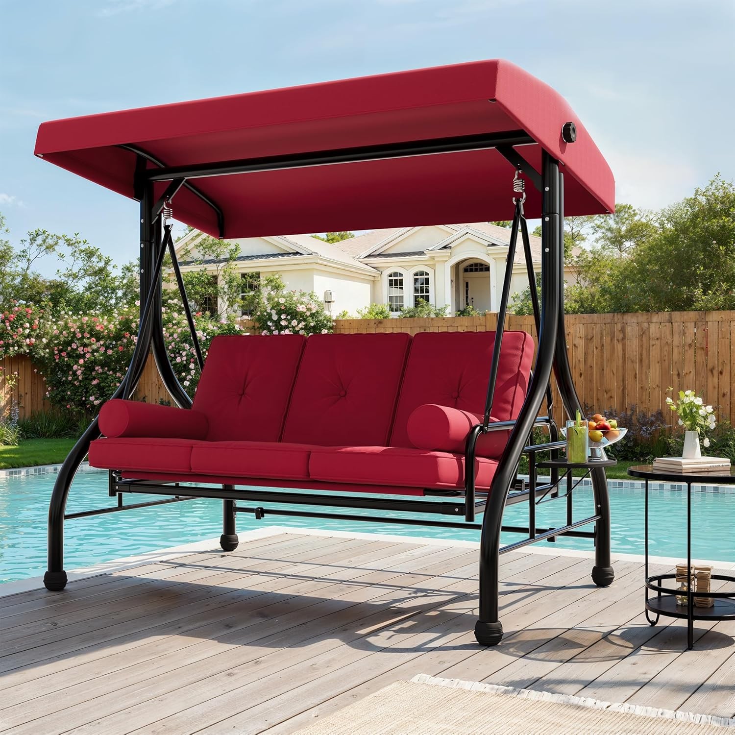 Outdoor Porch Swing with Adjustable Canopy, 3-Seat Patio Swing Chair