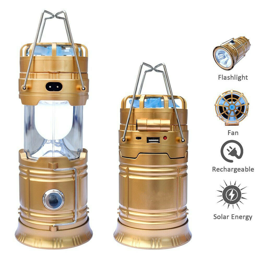 Solar LED Portable Light Rechargeable Lantern Outdoor Camping Hiking Lamp Fan