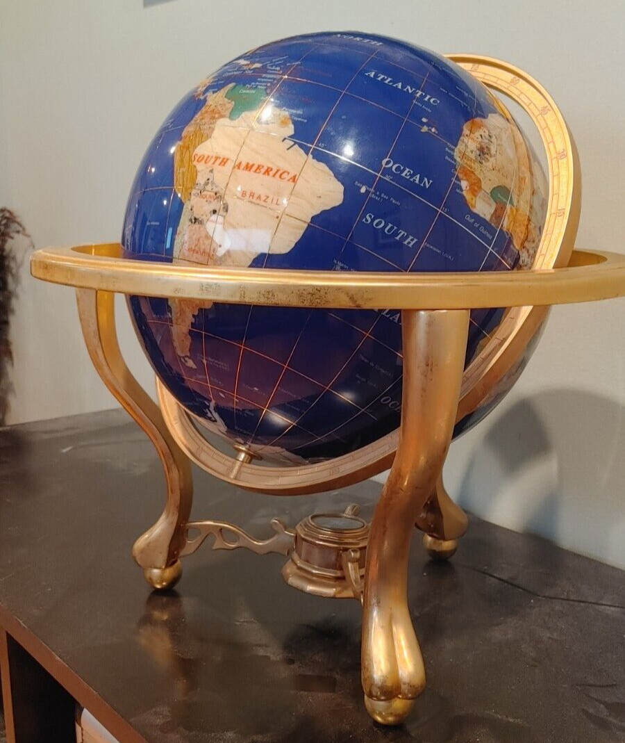 Large 12" Natural Gemstone World Globe & Compass Solid Brass Tripod Footed Stand