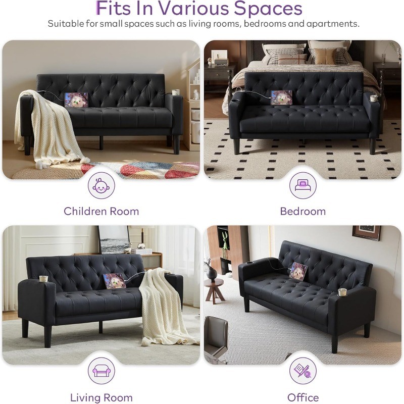 62" W Loveseat Sofa Couches W/ 2 USB Charger Ports and 2 Cupholders Tufted