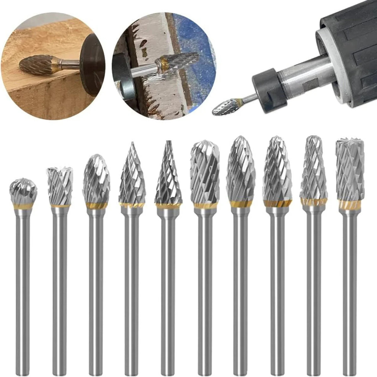 10Pcs Double Cut Carbide Rotary Burr Set, Stainless Steel Aluminum for (Silver)