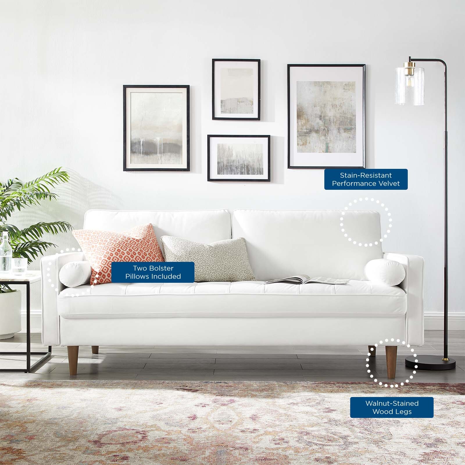 Modway Valour Performance Velvet Upholstered Tufted Sofa In White