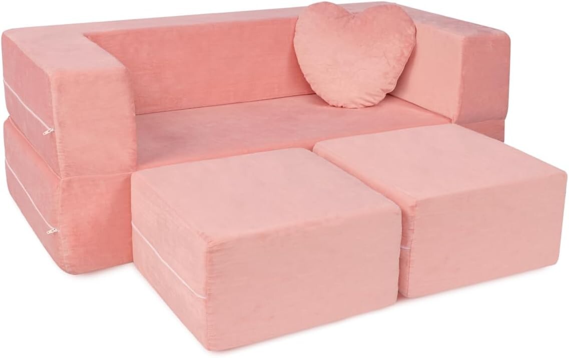 Charming Pink Kids Modular Sofa - Perfect Playroom Furniture with Bonus Pillow