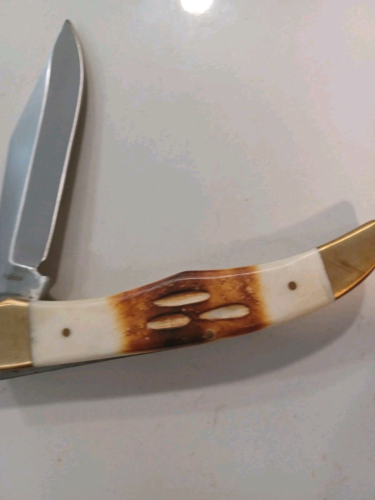 Copperhead Folder Bone Handle Brass Bolster 2 Blade Leather Sheath Well Made.