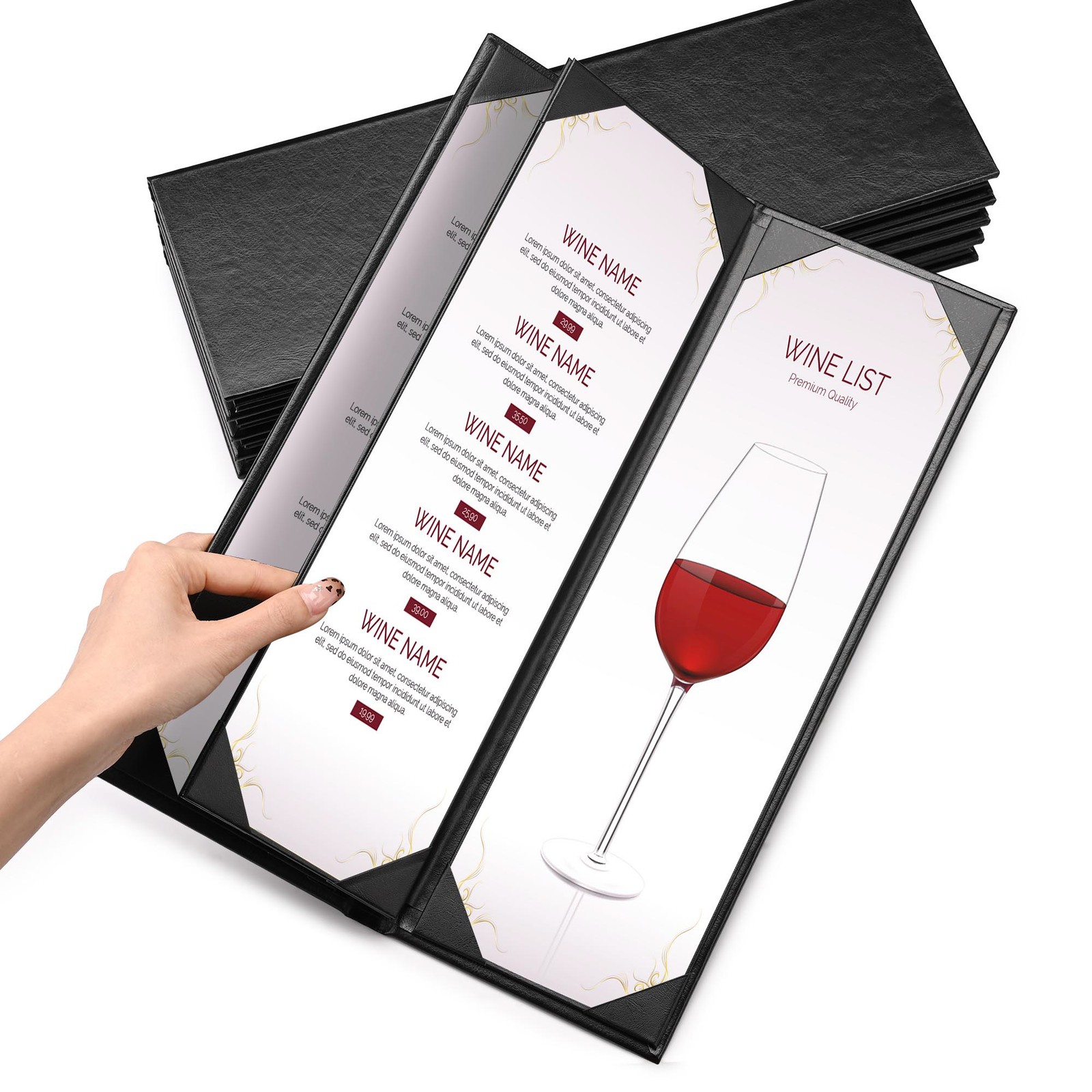WeChef 5 Pack Leather Menu Covers 4.25"x14" 3 Page 4 View Angle Corner Wine List