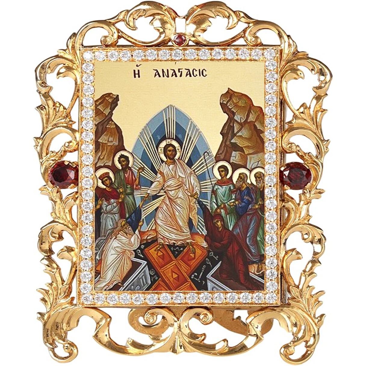 Resurrection Descent Hell Greek Gilded Icon Jeweled Frame Crystals 4"