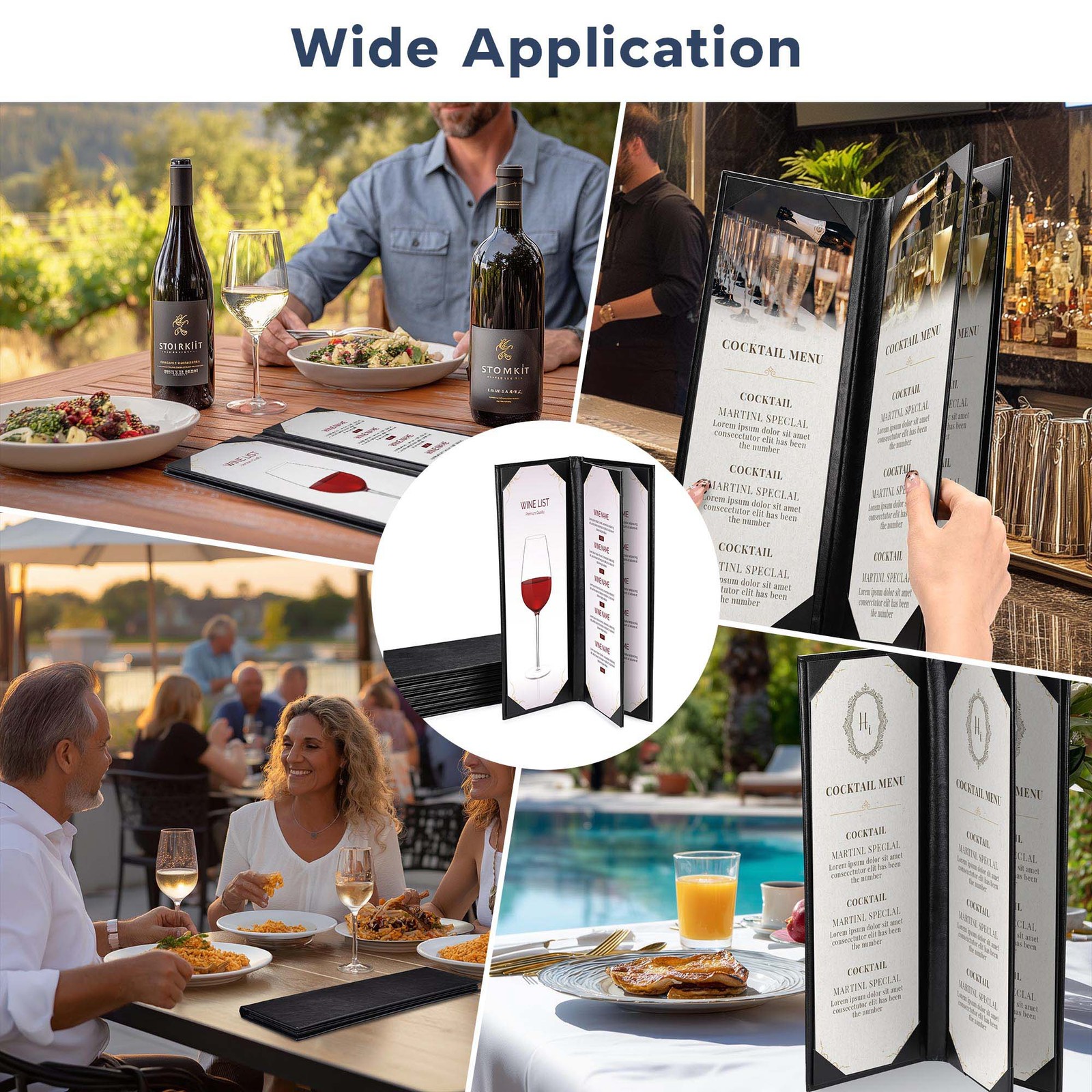 WeChef 5 Pack Leather Menu Covers 4.25"x14" 3 Page 4 View Angle Corner Wine List