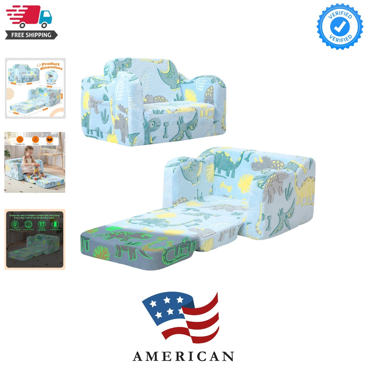 Glowing Dinosaur Kids Chair, 2-in-1 Convertible Kids Couch Fold Out to Lounge...