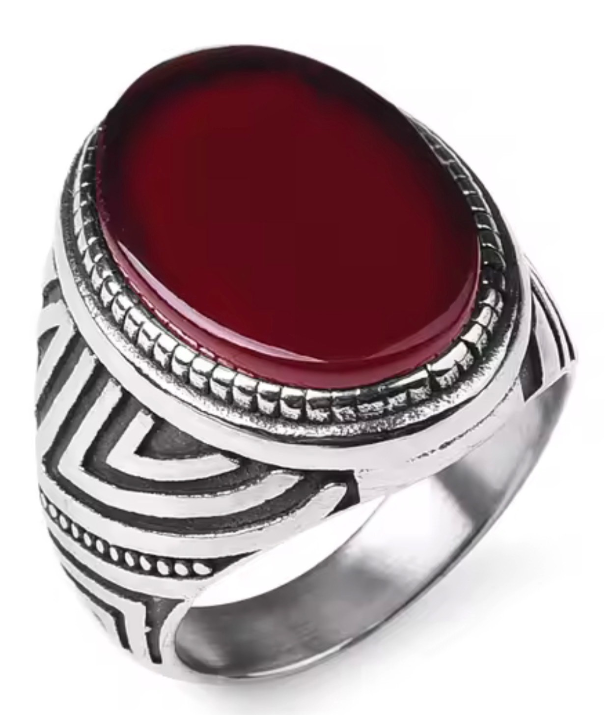 Men’s Ring Stainless Steel Silver Color Red Onyx Oval Shape Fashion Style