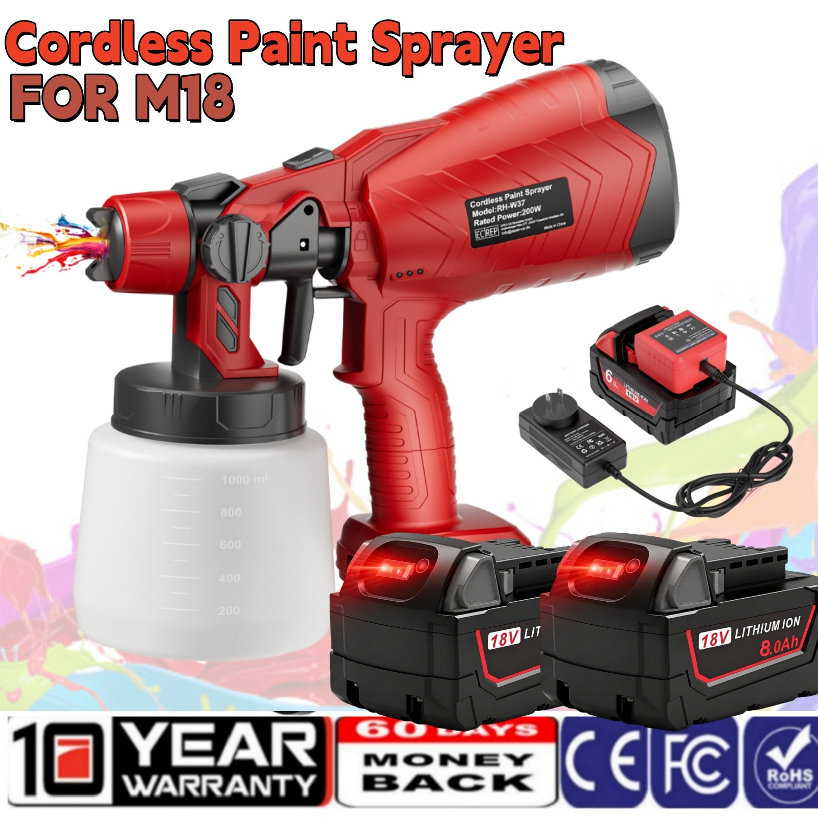 Cordless Paint Sprayer for Milwaukee 18V Battery 1000ML HVLP Spray Paint Gun