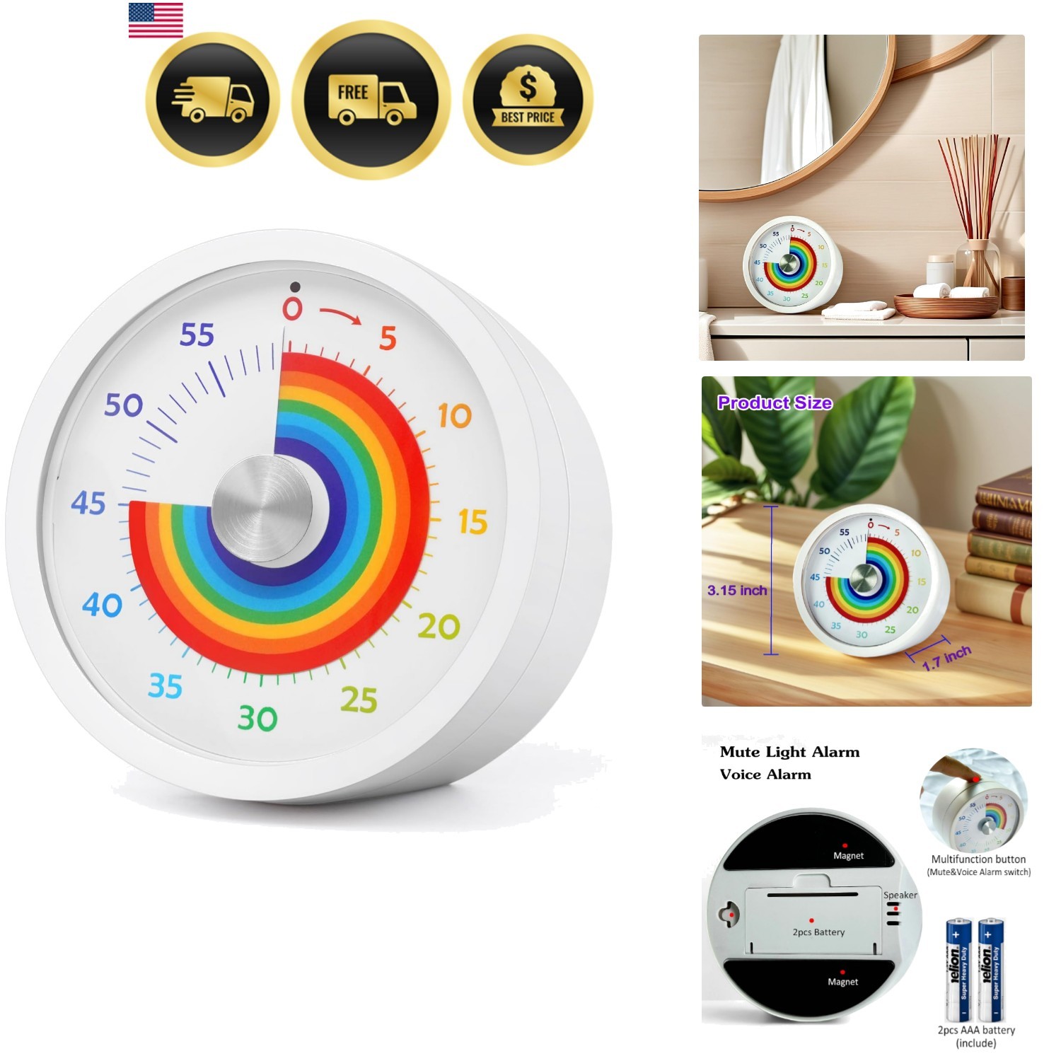 Visual Timer, Kitchen Timer Rainbow Disk 60 Minute Countdown Timer for Kids a...