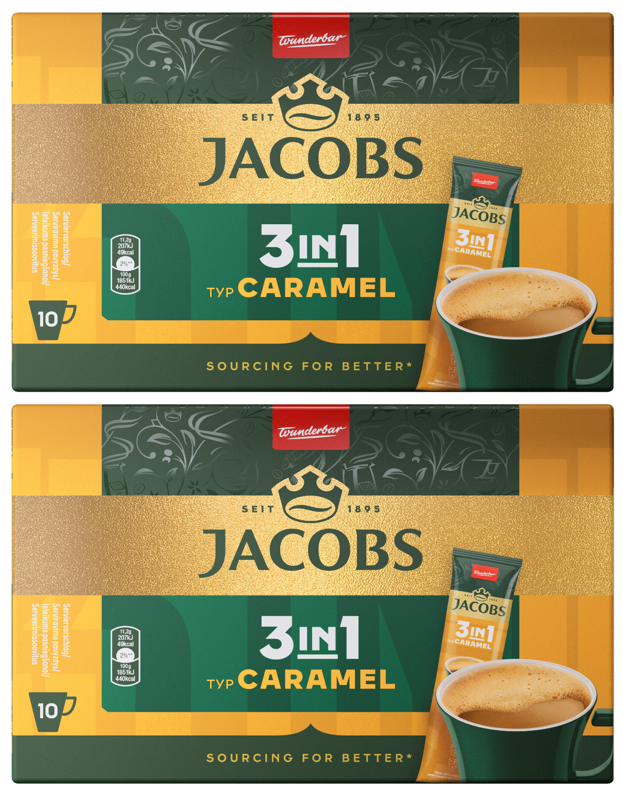 2 JACOBS CARAMEL 3in1 Instant Coffee 10 Sticks Boxes 112g 4oz