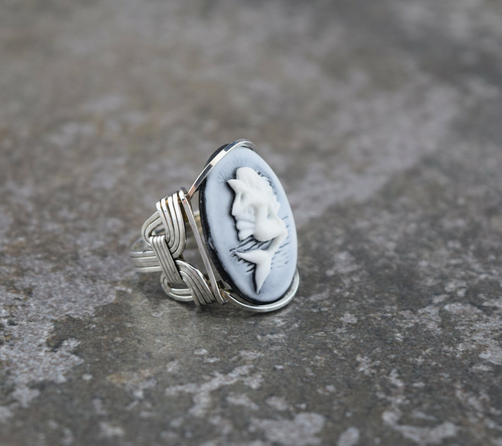 Large Sterling Silver Mermaid Cameo Wire Wrapped Ring