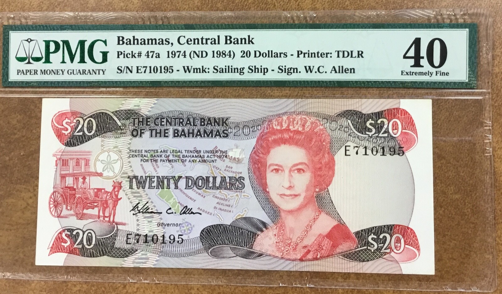 Bahamas $20 1974 (ND 1984)  P-47a.  PMG XF40  Allen signature