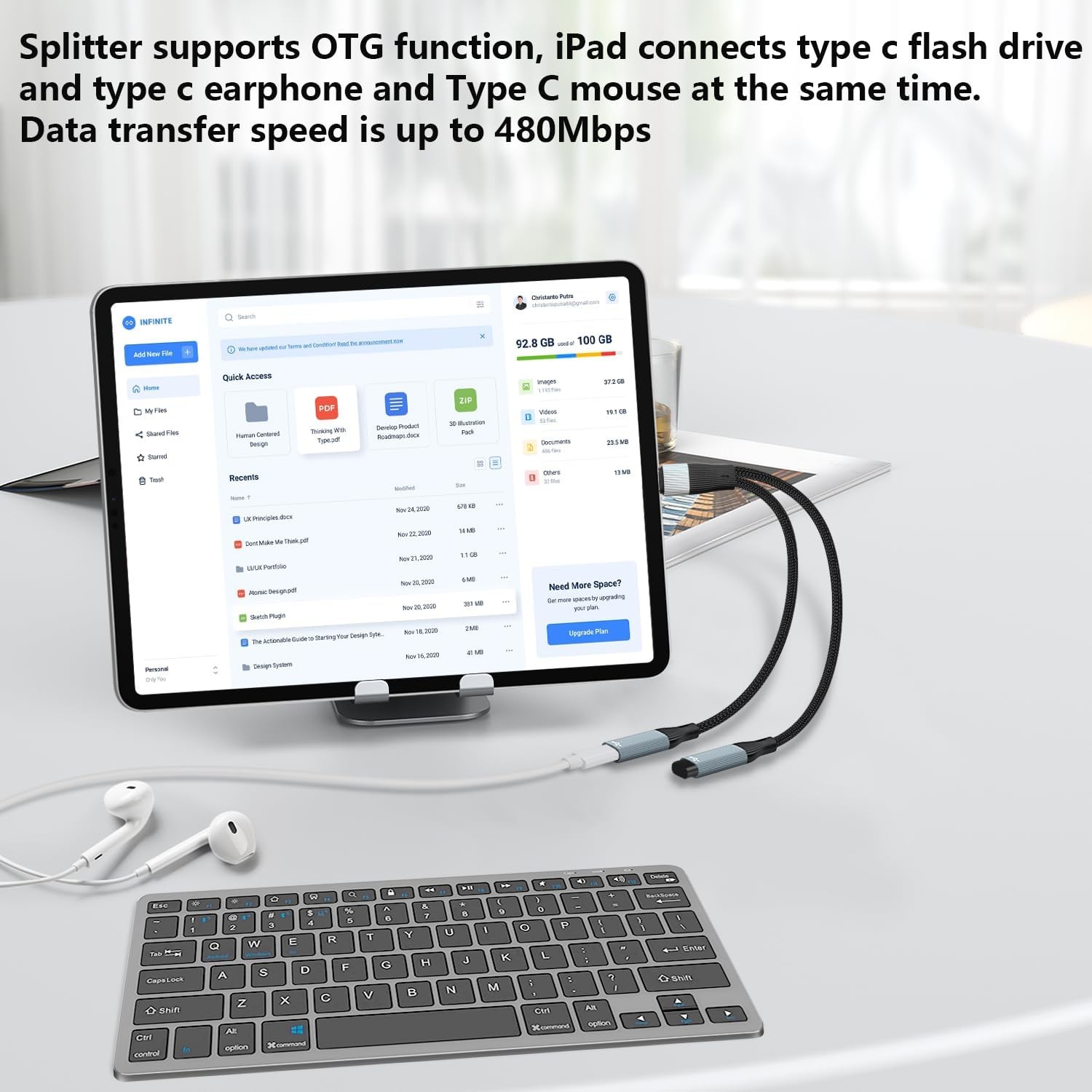 USB C to Dual USB Type C Female Splitter Cable Earphone Adapter Type C OTG Split