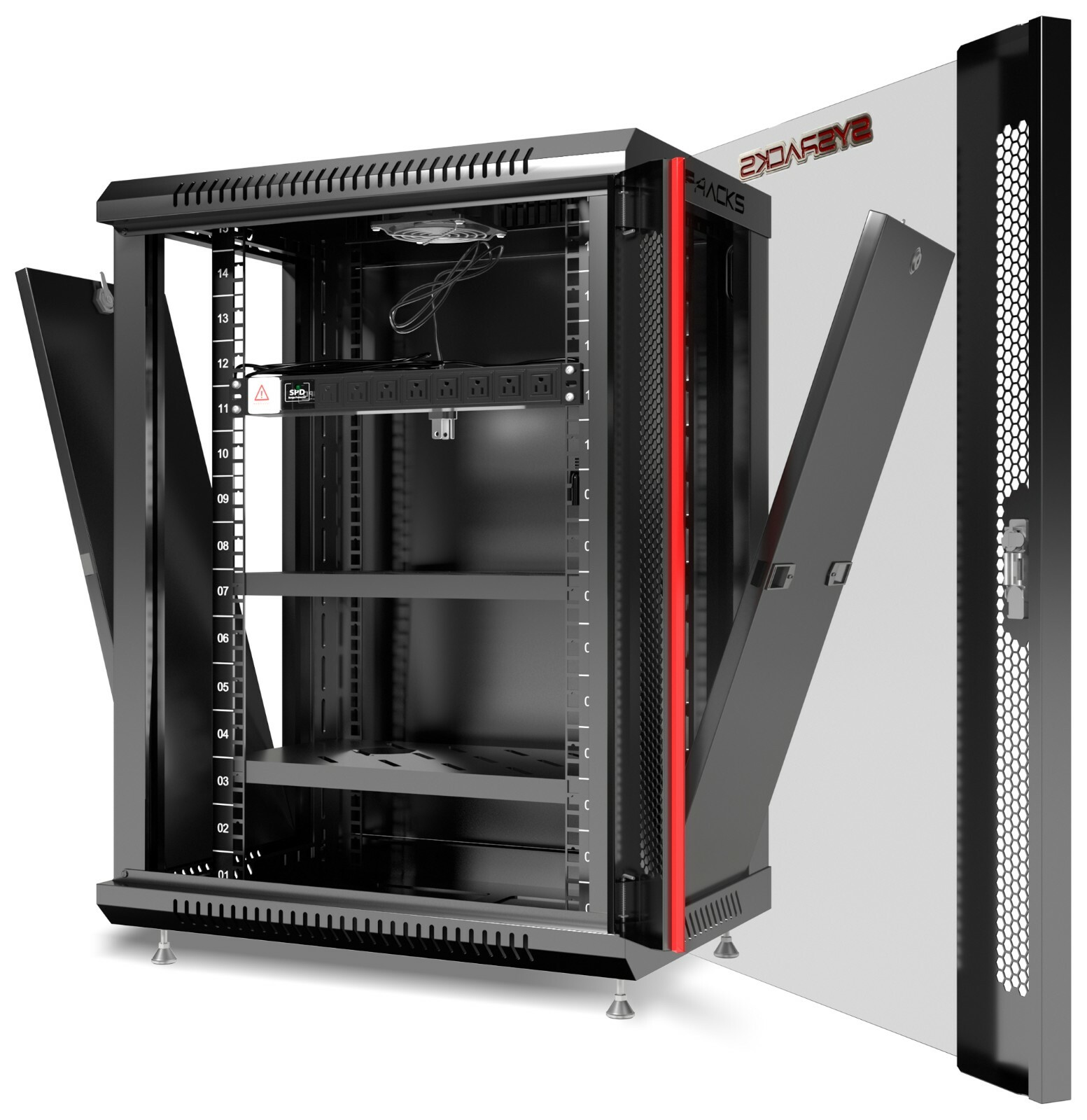 15U Server Rack Locking Network Cabinet Data Enclosure with PDU-Feet-Fan-Shelf