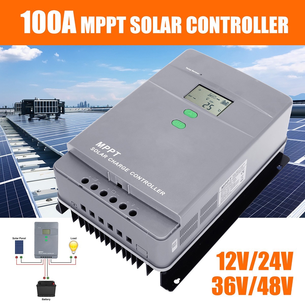 100A 12V/24V Solar Panel Battery Charge Controller LCD Auto Regulator Auto Focus