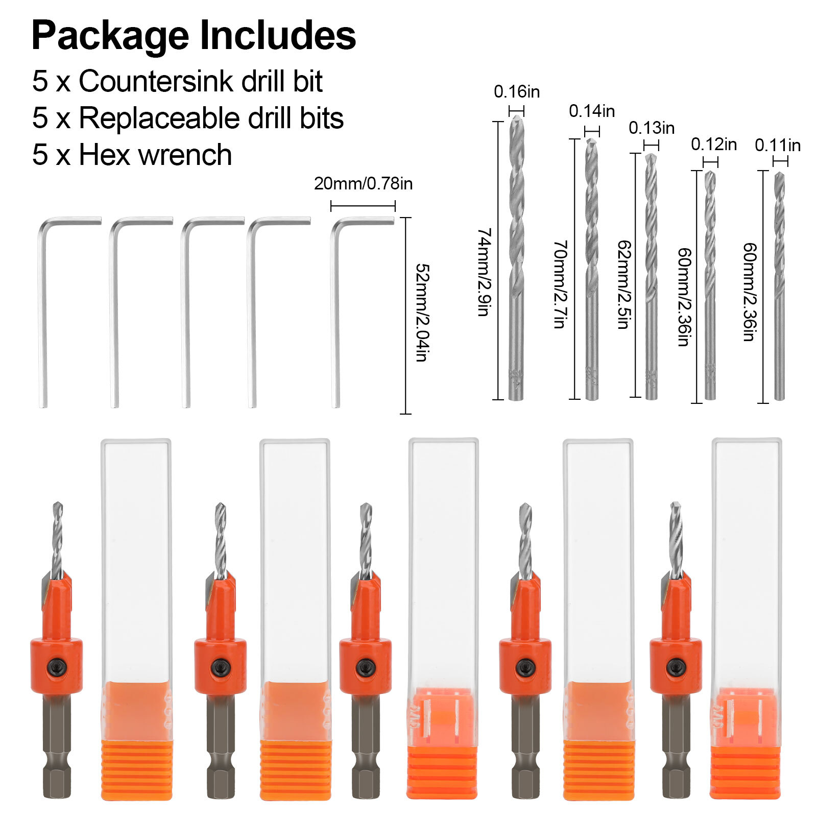5x Counter Sink Drill Bit 1/4" Hex Shank 5x Hex Wrench 5x Replaceable Drill Bits