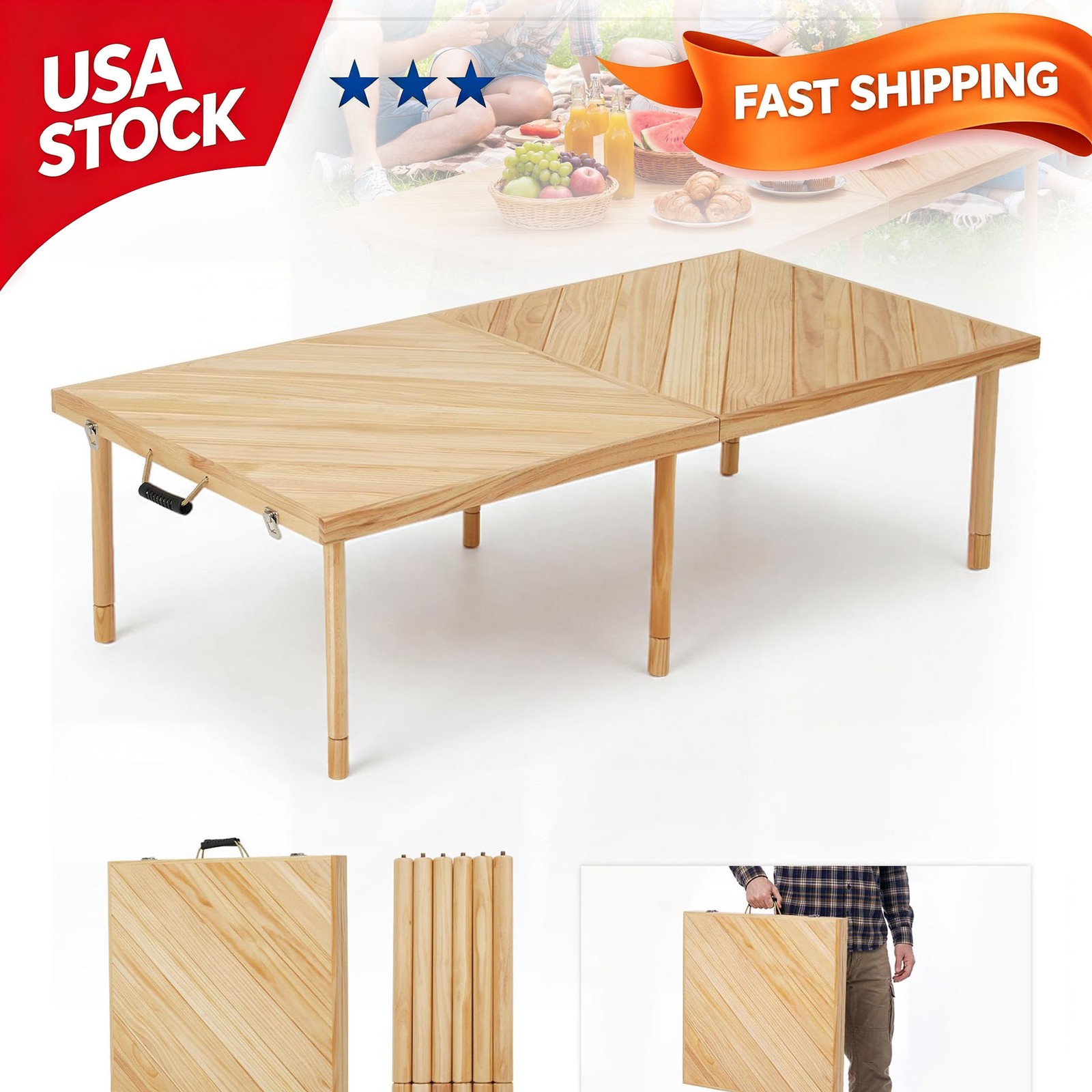 60x30in Folding Picnic Table Lightweight Handles Camping Adjustable Wood Outdoor