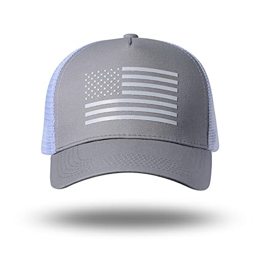 American Flag Trucker Hat - Snapback Hat, Baseball Cap for One Size Gray/White