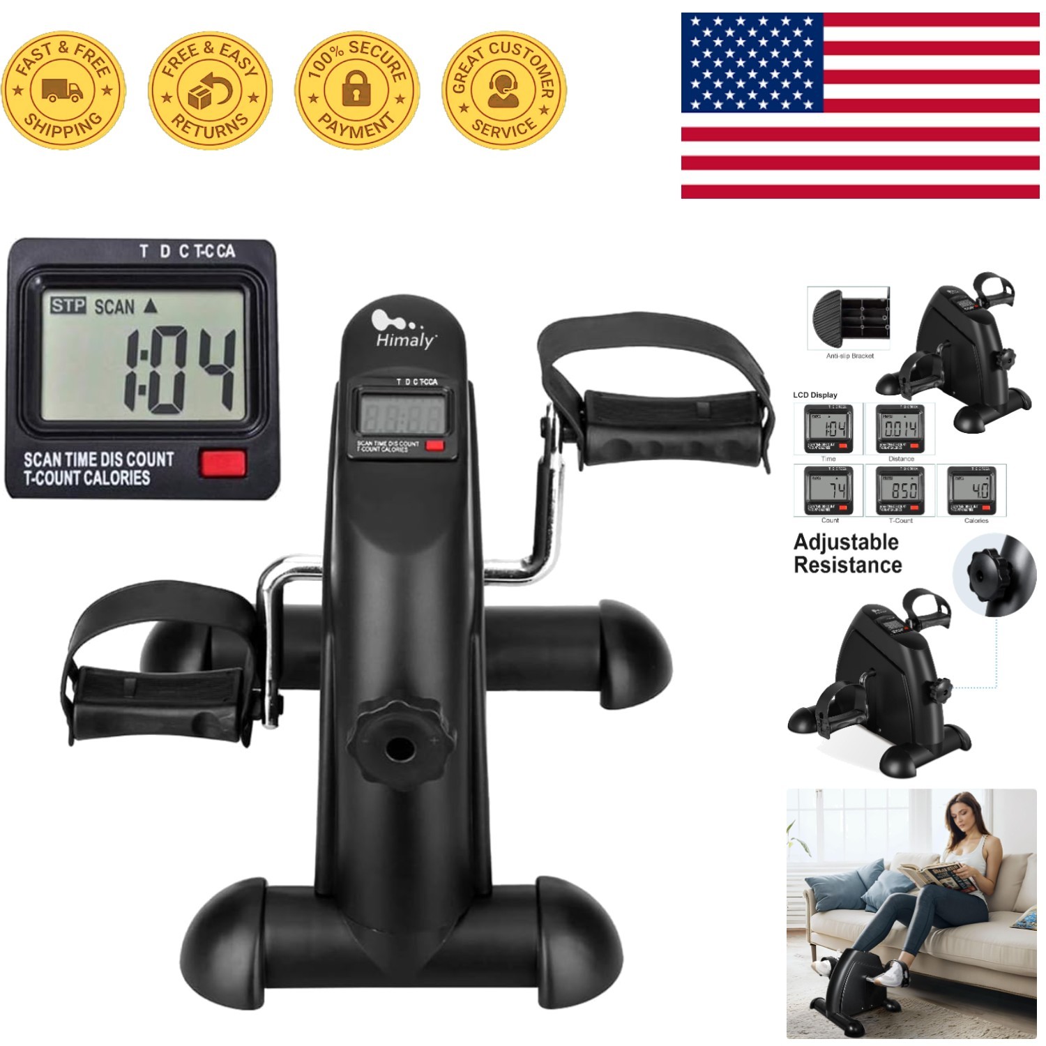 Lightweight Under Desk Bike Pedal Exerciser - 8 Resistance Levels & LCD Monitor