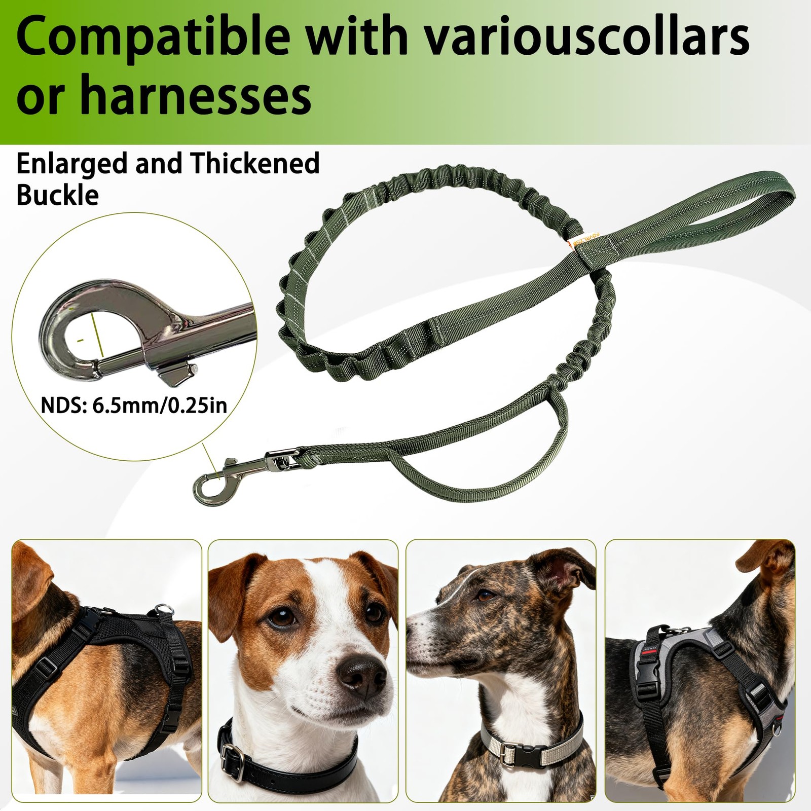 Reflective Heavy-Duty Dog Leash Adjustable 45 ft Shock-Absorbing Handle Green