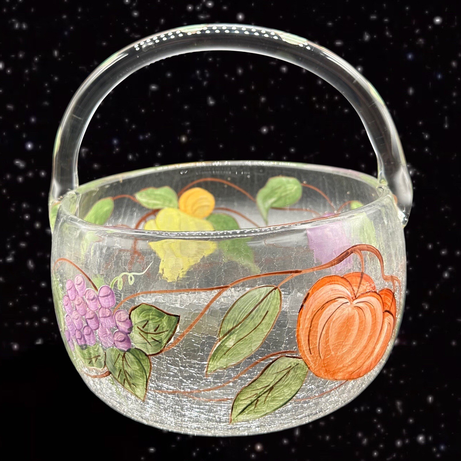 FIFTH AVENUE CRYSTAL Hand Painted Floral Crackle Glass Basket with Handle 8”T