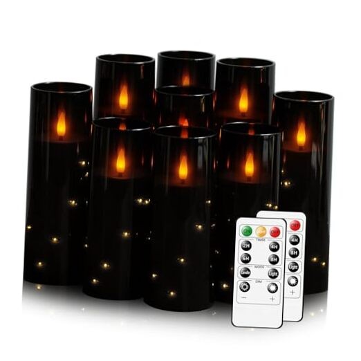 Flickering Flameless LED Candles, 9 Pcs with Embedded Star String, Black