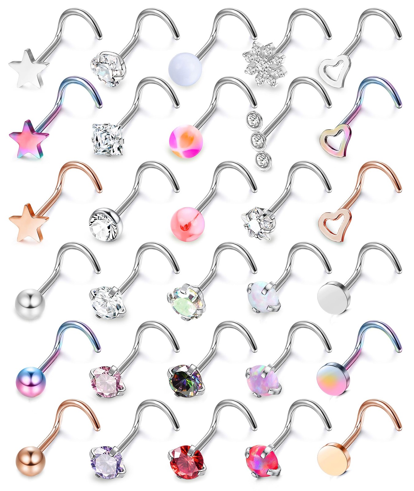 MILACOLATO 30Pcs Nose Rings Studs for Women Men 316L Stainless Steel Rose