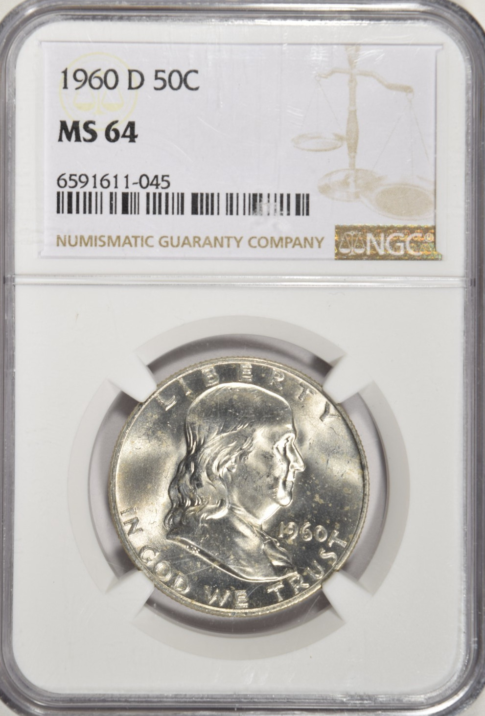 1960 D FRANKLIN HALF DOLLAR ~ NGC MS64 ~ BRIGHT WHITE! #045