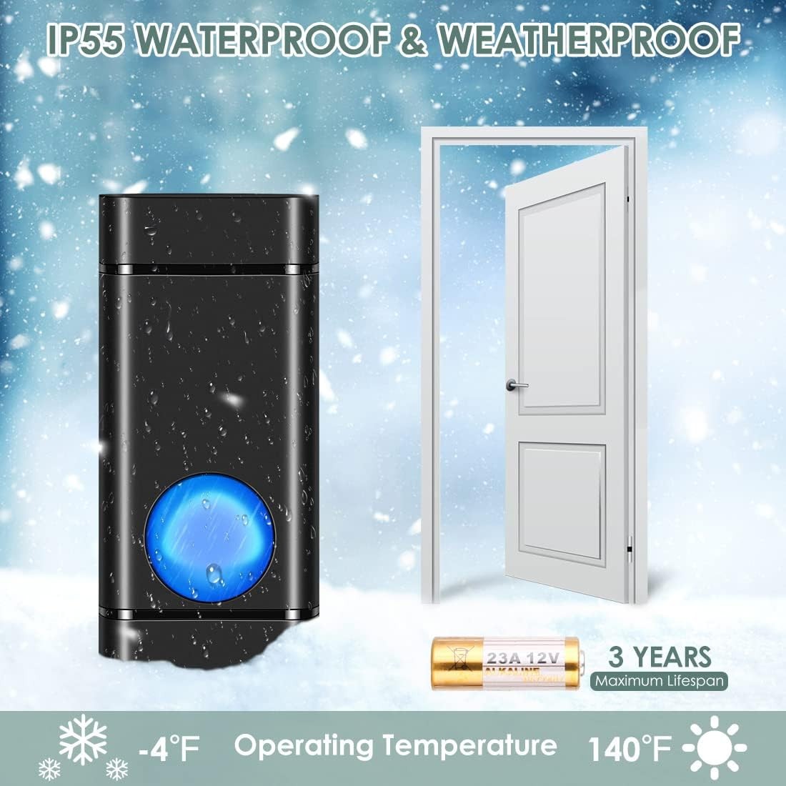 Wireless Doorbell- Waterproof-1300 ft Range-58 Melodies-5 Volume Level-LED Flash