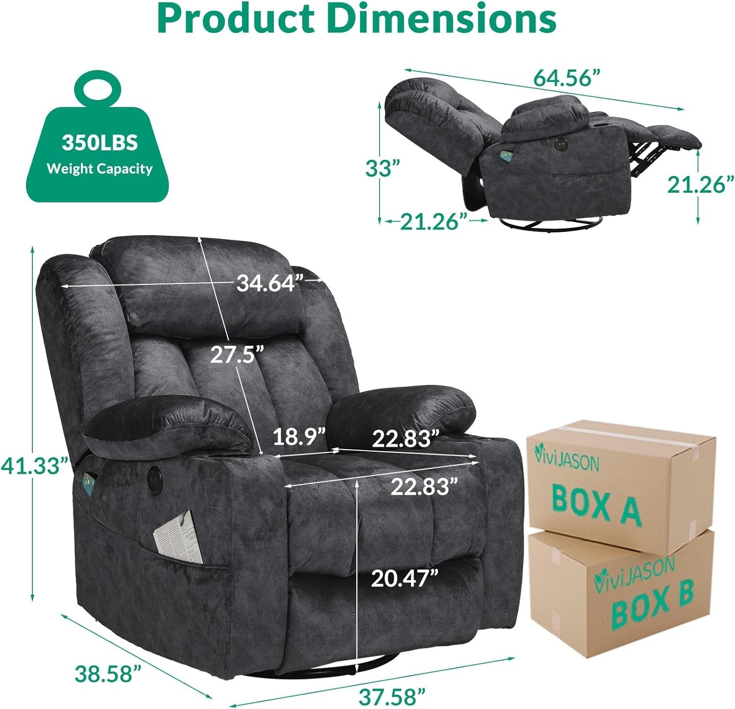 Manual Swivel Rocker Recliner Glider Chair Lounge Sofa w/ Massage Heat USB Ports