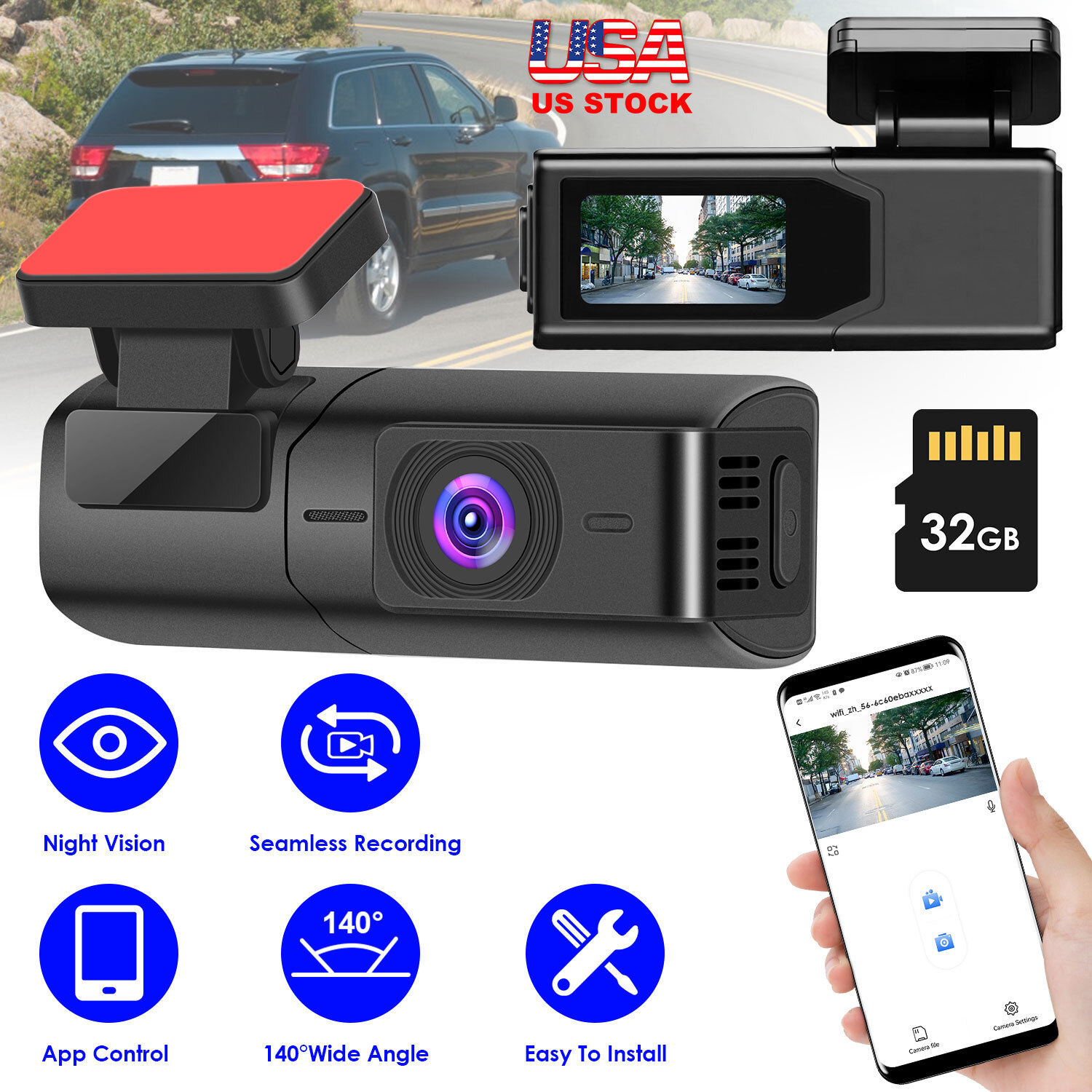 2K Dual Dash Camera for Cars, Free 32G SD Card and 140° Wide Angle WiFi App