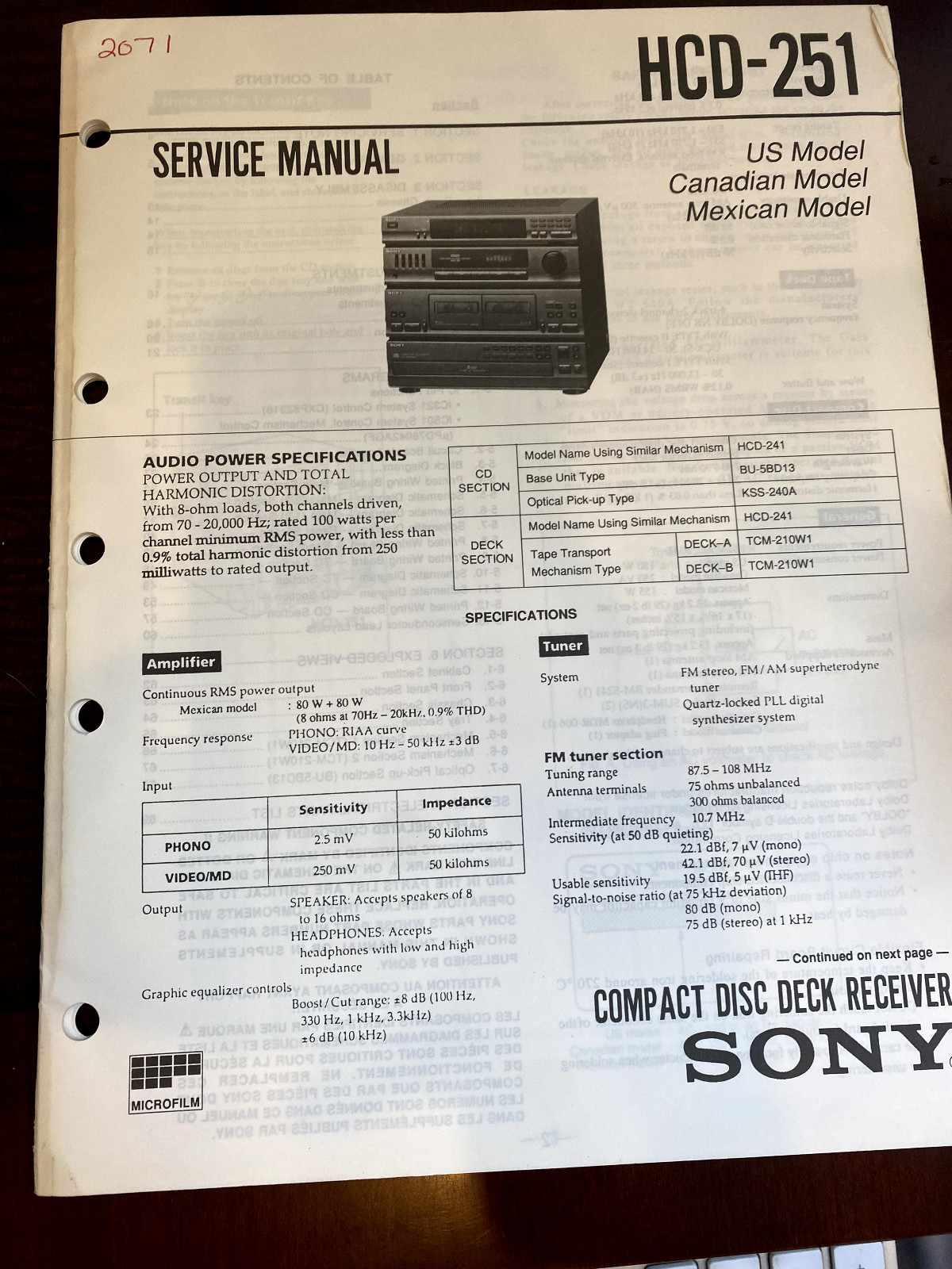 SONY HCD-251 HCD251 Service Manual FROM THE USA **ORIGINAL** 2071 4741
