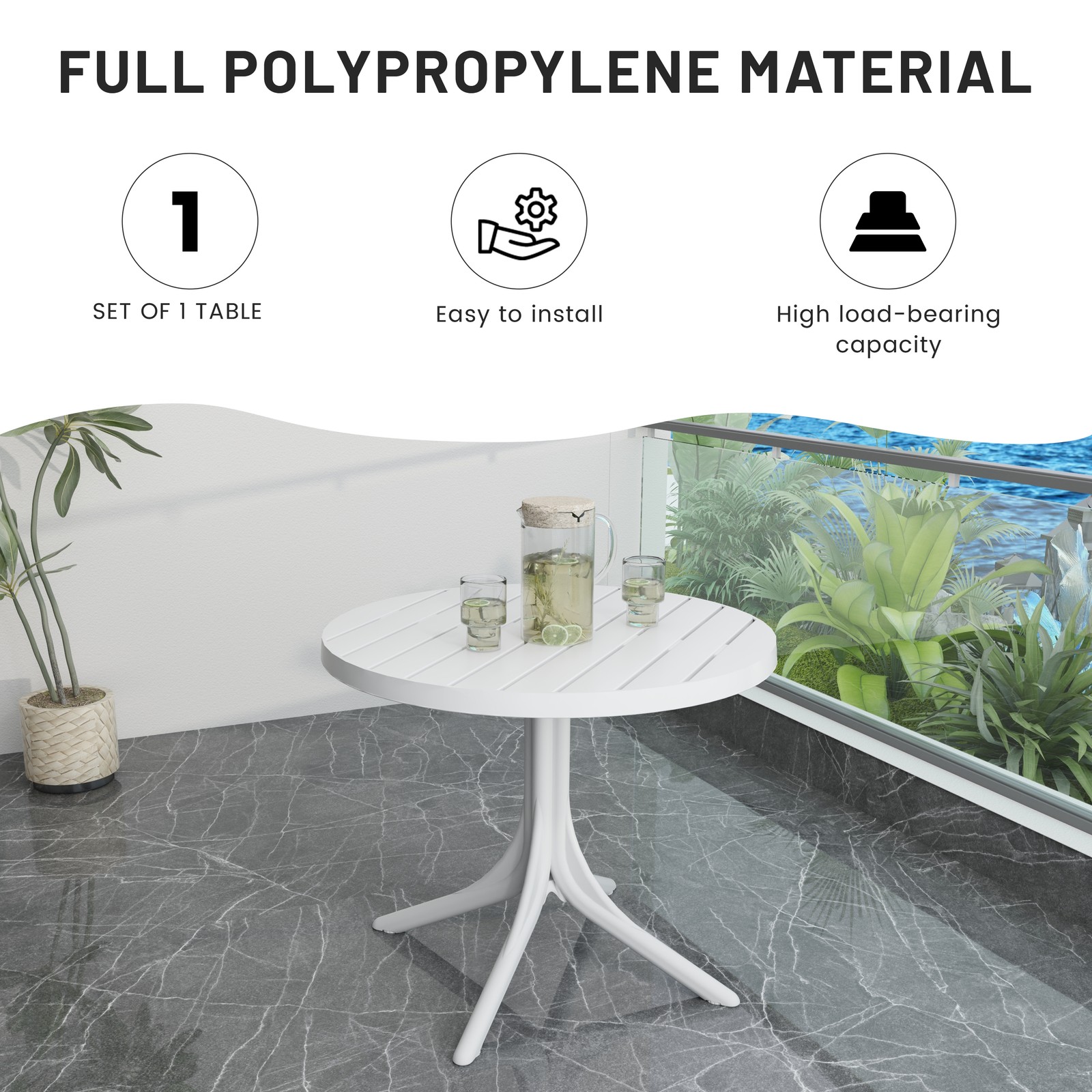 White Round Polypropylene Dining Table 36" Indoor/Outdoor 220 lbs Capacity