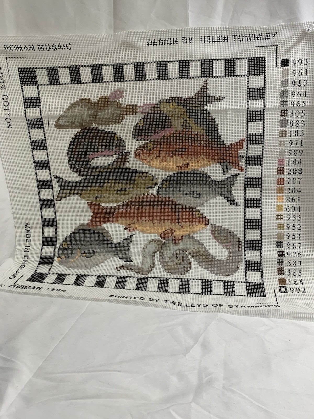 Vintage 1994 Ehrman Canvas Of a Roman Tile Of Fish. . 15x15. Printed On 10 Count