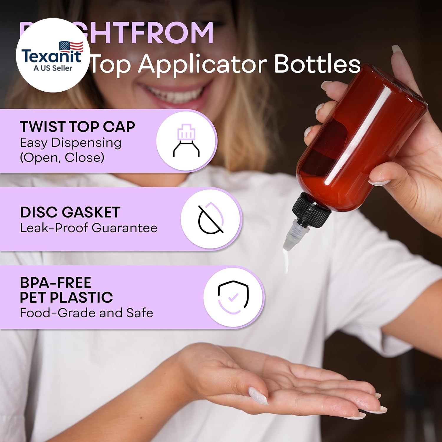 Twist Top Applicator Bottles, 8 OZ Amber, Squeeze Empty round Plastic Bottles, B