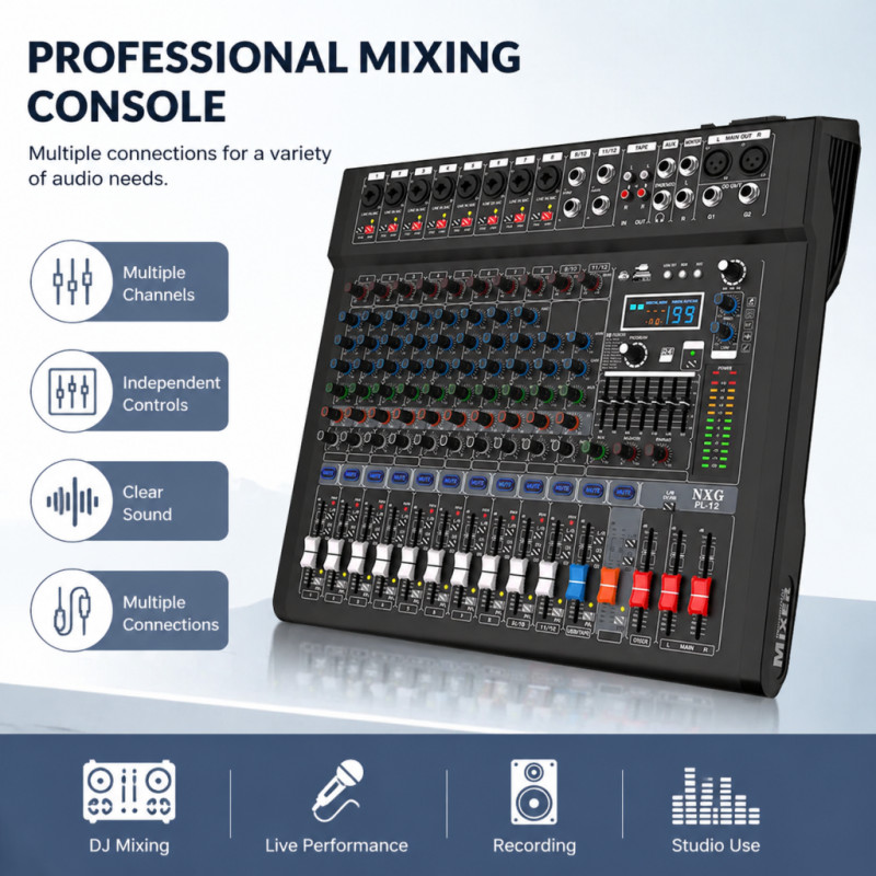 12-channel professional mixer with 99 DSP effects and Bluetooth/USB connectivity