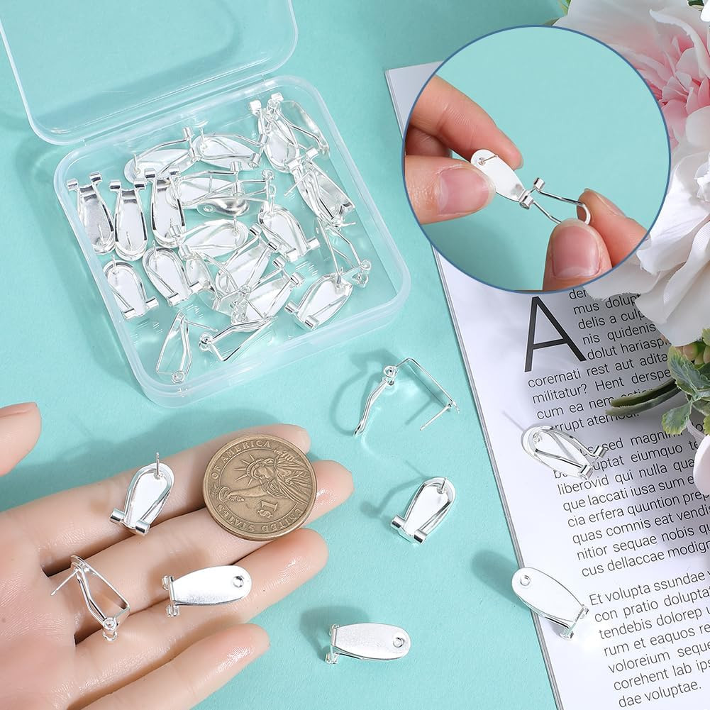 1 Box 30Pcs Earring Post Clips Fingernail Earring Posts French Brass Silver Stud