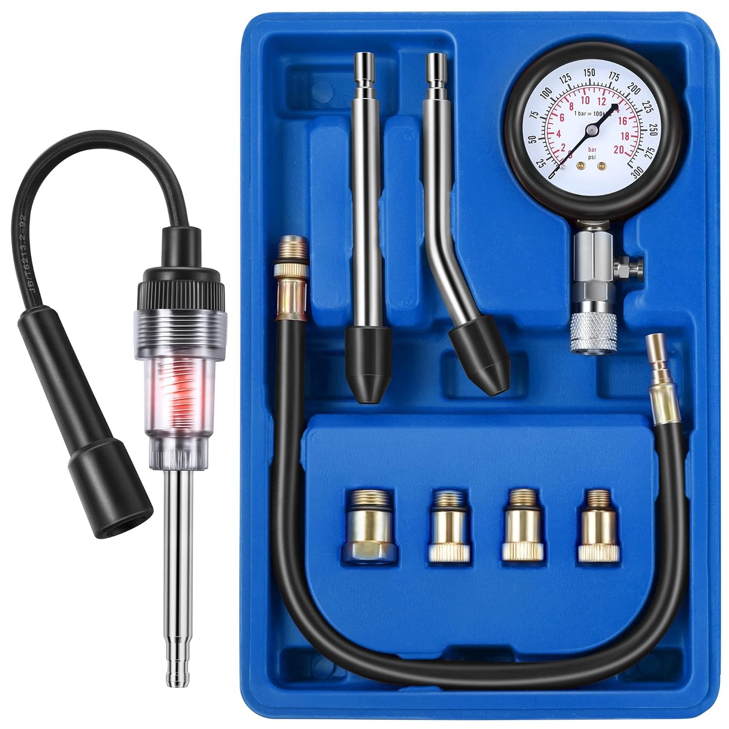 9 Pieces Automotive Compression Tester Kit and Spark Plug Tester, Blue