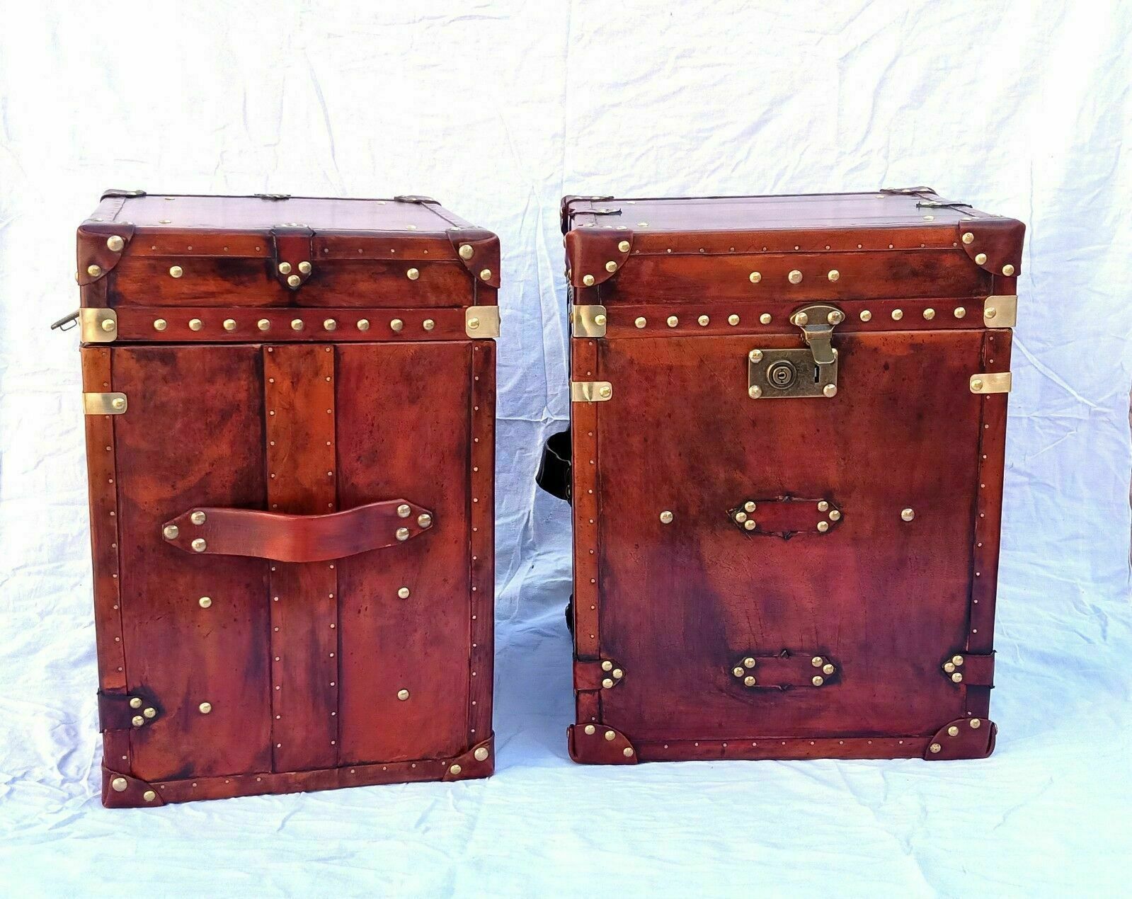 Pair of Finest English Leather Antique Inspired Side Table Trunk and Chest