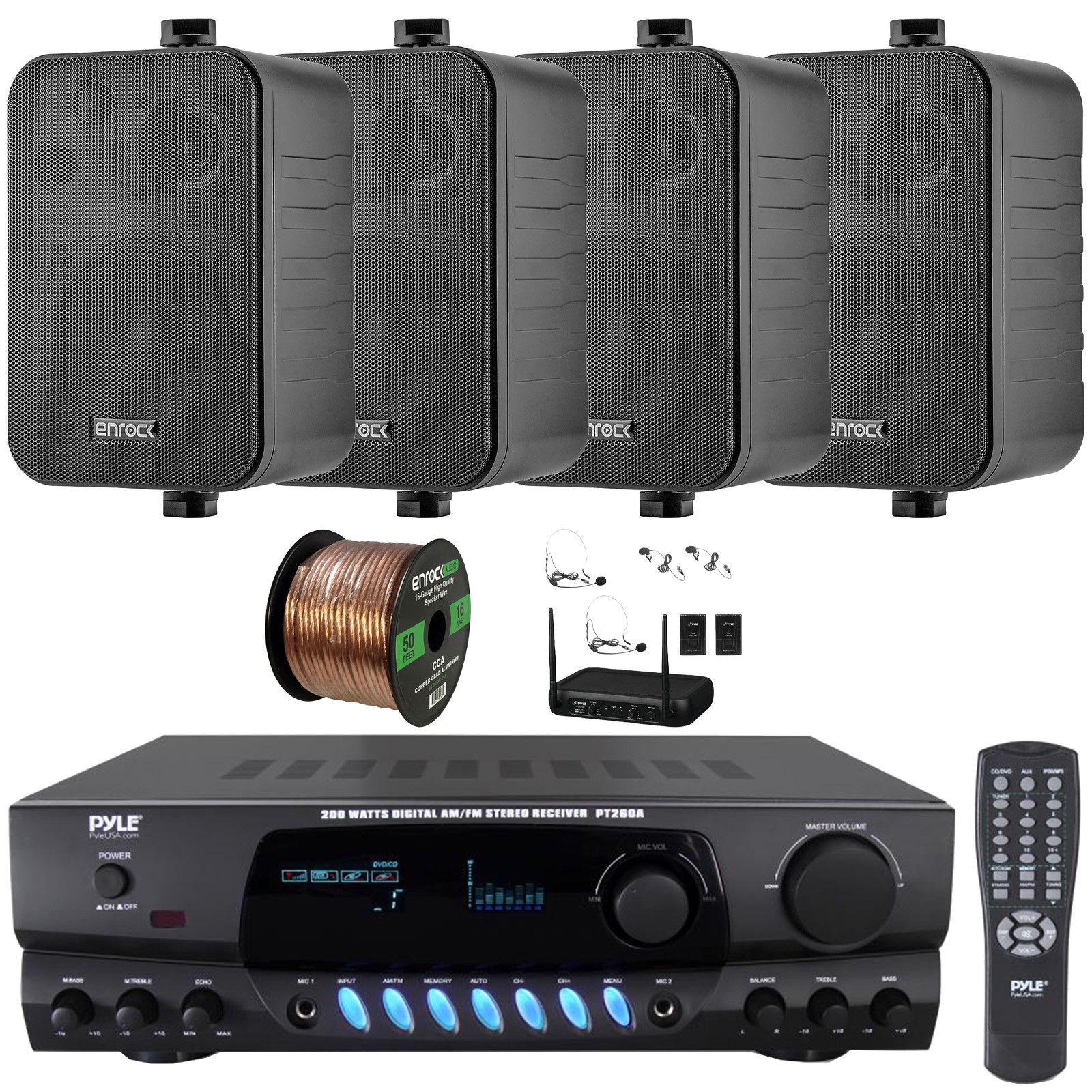 Pyle PT260A Home Audio Amplifier Receiver, 4x 4" 30W 3-Way Speakers, Mic System
