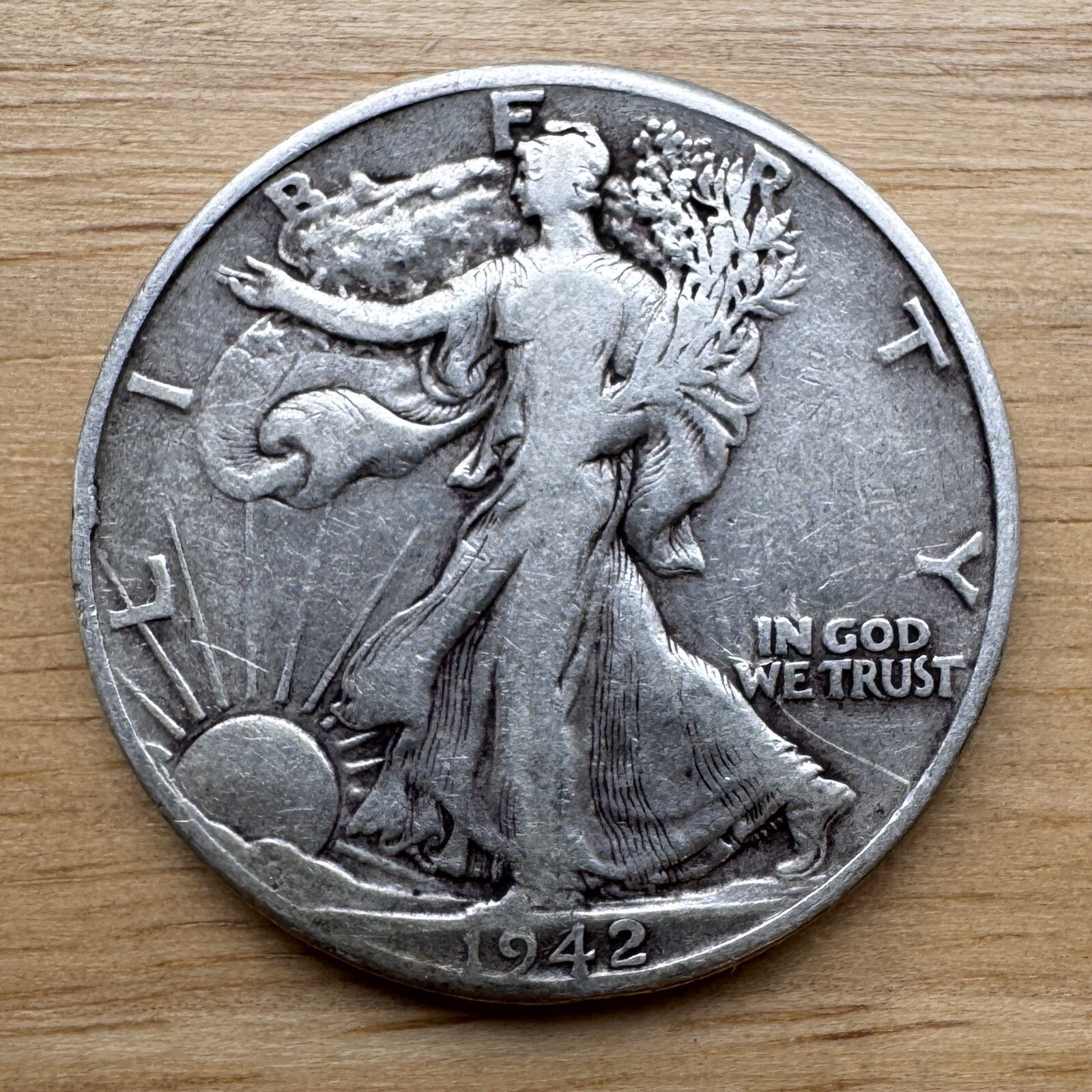 1942 Walking Liberty Half Dollar, 90% Silver Coin, Great Condition