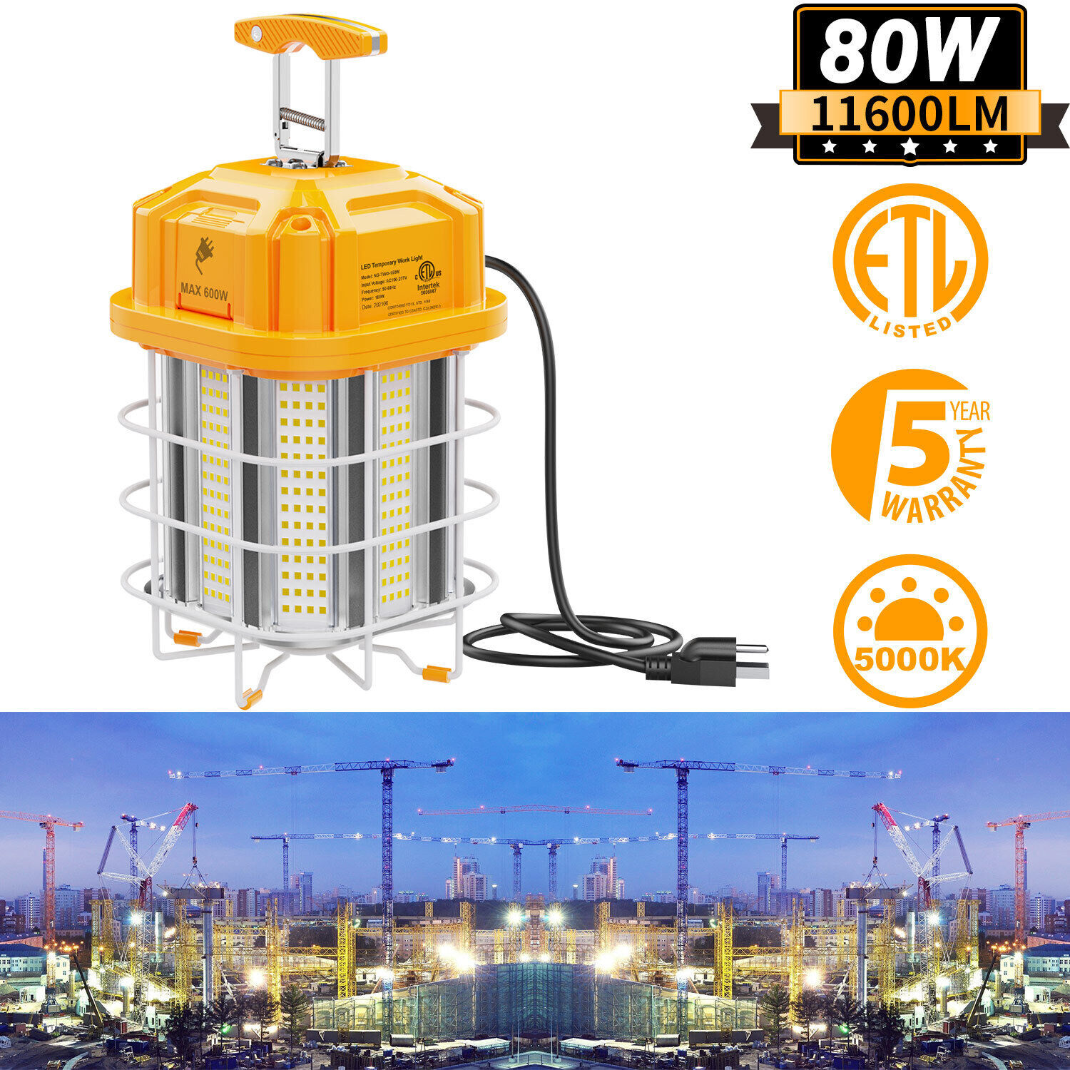 80W LED Temporary Work Light Linkable Plug-n-Play Construction Jobsite Lightings