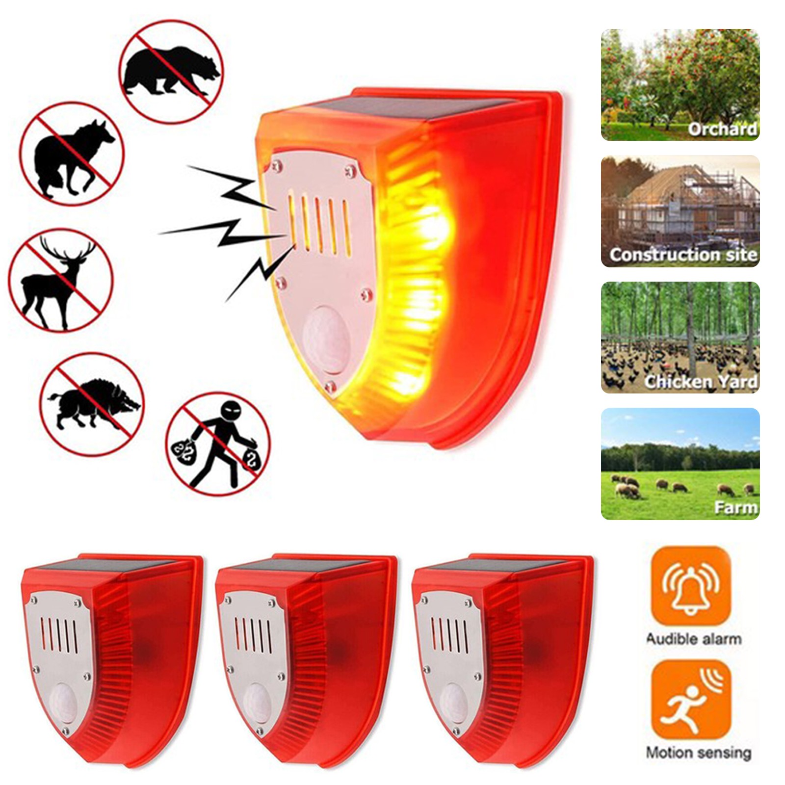 4X Solar Strobe Light Alarm Motion Sensor Sound Alarm Siren Security Alarm Light